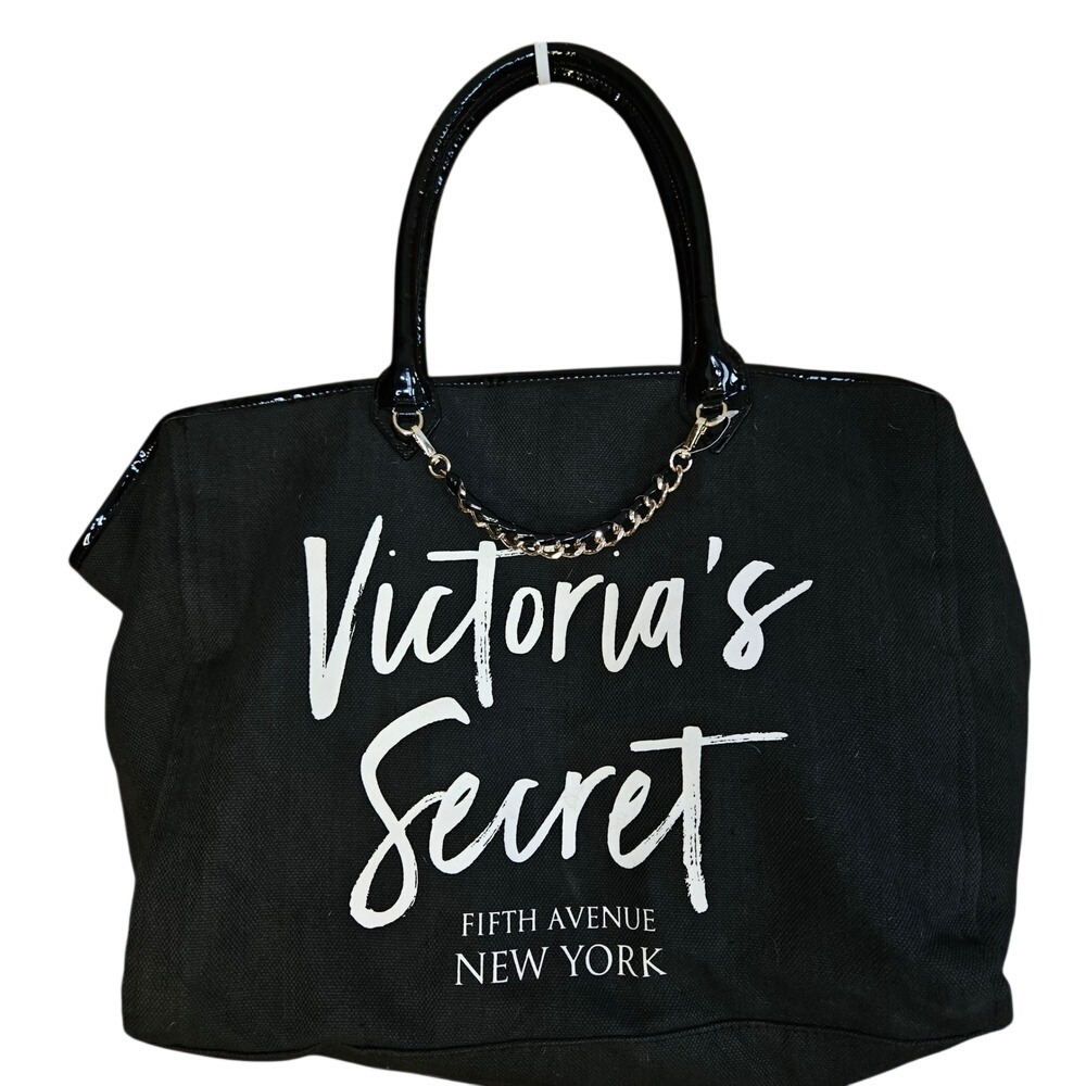 Victoria's Secret Fifth Avenue New York Black Canvas Tote Bag Patent Trim Chain